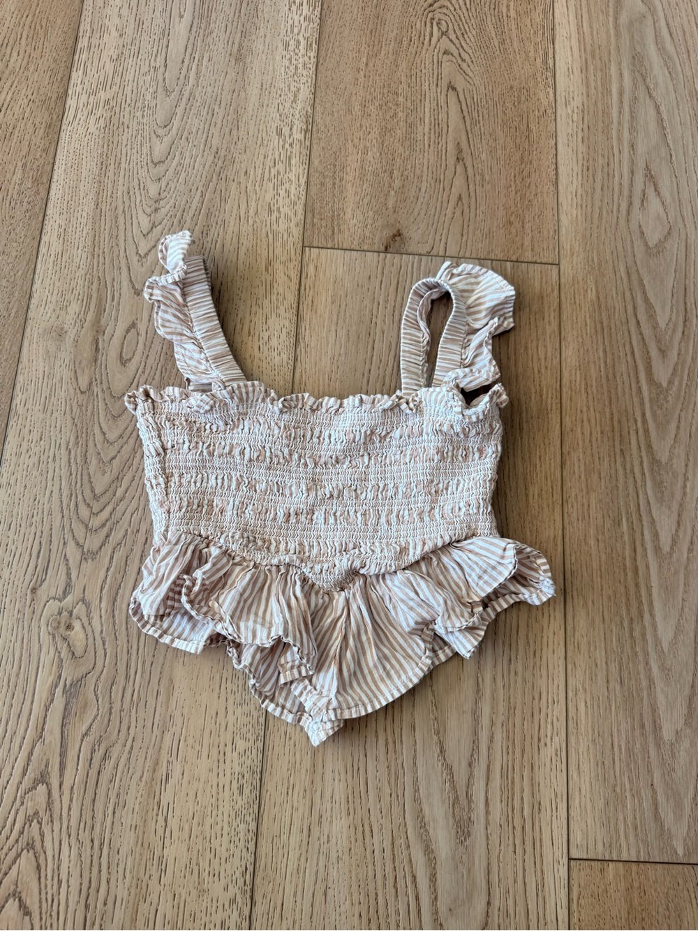 Smocked Striped Ruffle Crop - Beige - Picture 2 of 3